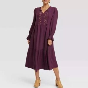 🌴 Knox Rose NWT Embroidered Midi Dress Purple - Pockets